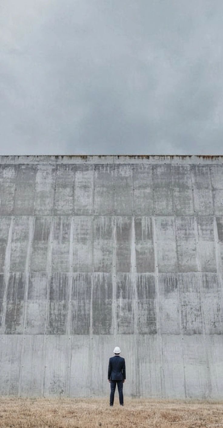 Executivo de costas diante de um muro monumental de concreto